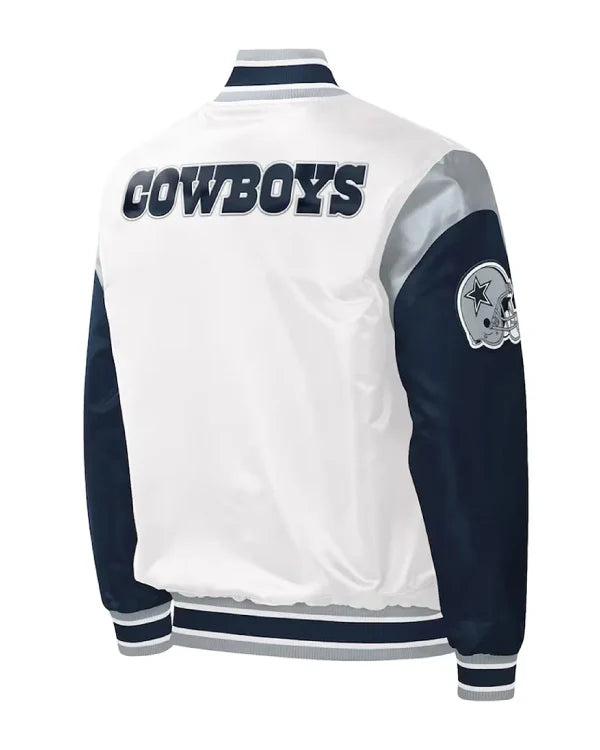 Warm-Up Pitch Dallas Cowboys White and Blue Varsity Satin Jacket