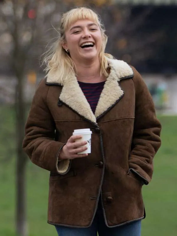 We Live in Time 2024 Florence Pugh Shearling Leather Jacket