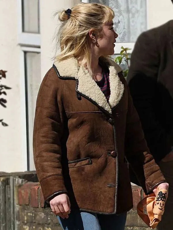 We Live in Time 2024 Florence Pugh Shearling Leather Jacket