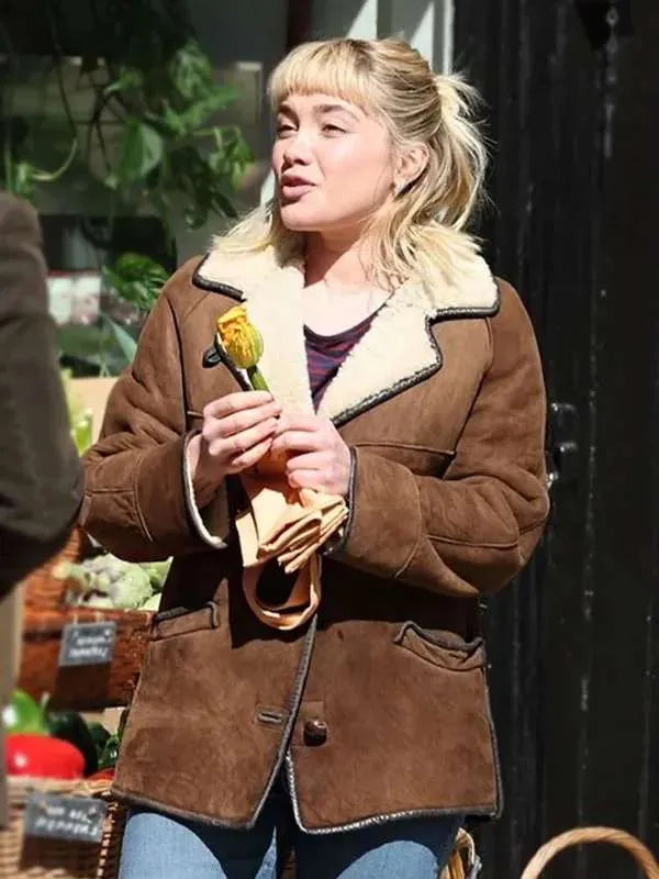 We Live in Time 2024 Florence Pugh Shearling Leather Jacket