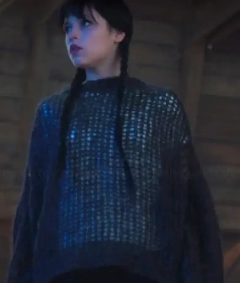 Wednesday S02 Jenna Ortega Black Open Knit Sweater