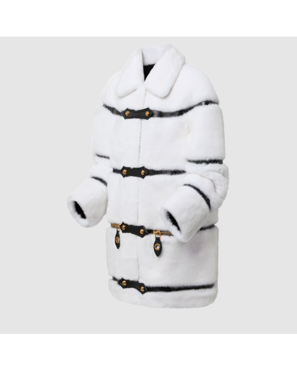 Leather Stripes White Mink Fur Coat