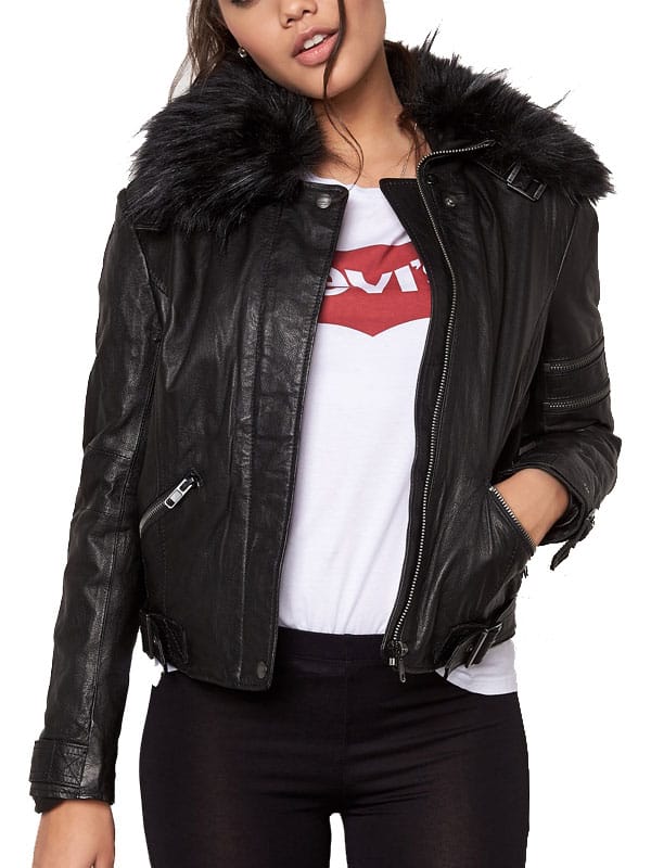 Womens Cafe Racer Leather Motorcycle Jacket Black