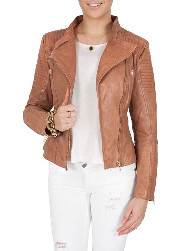 Womens Quilted Leather Jacket Tan Brown Golden Hardware