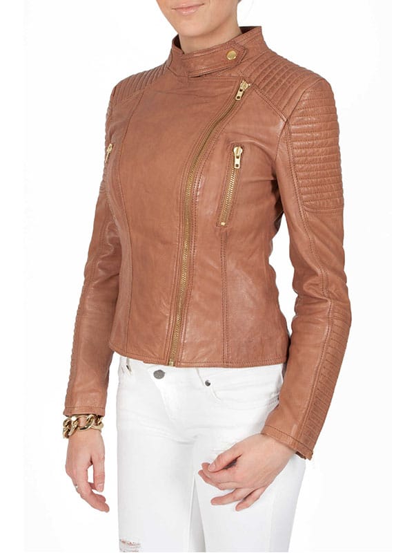 Womens Quilted Leather Jacket Tan Brown Golden Hardware