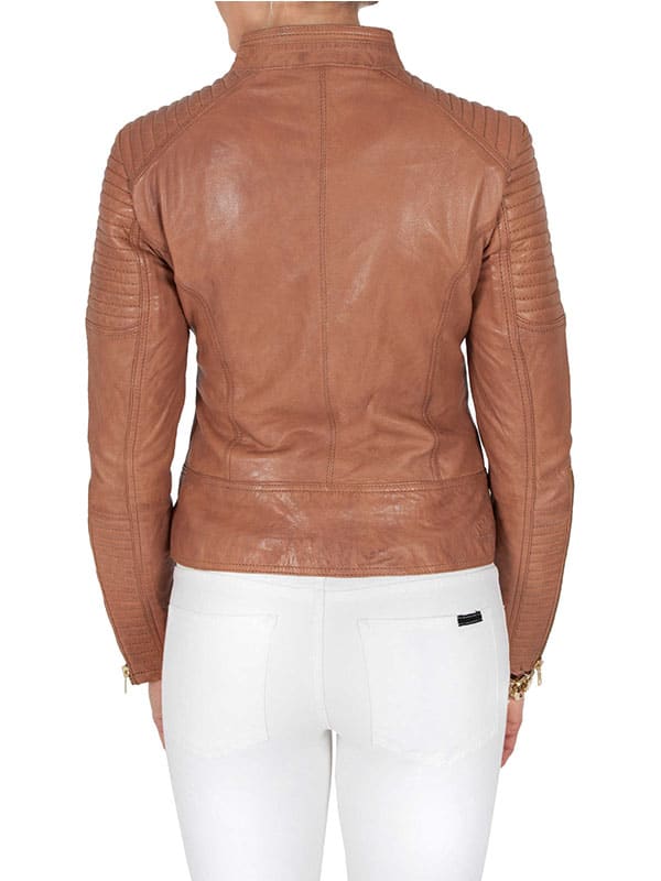 Womens Quilted Leather Jacket Tan Brown Golden Hardware