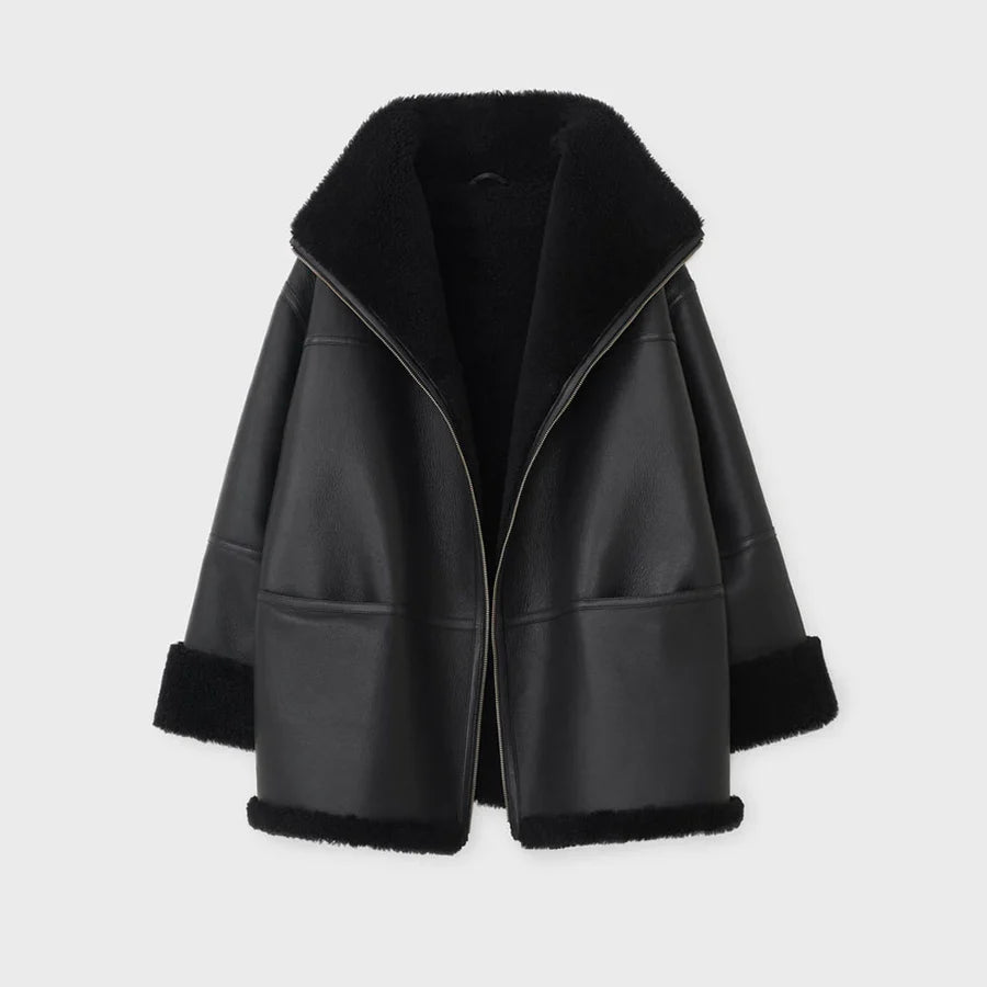 Women B3 RAF Aviator Black Styled Sheepskin Shearling Leather Jacket