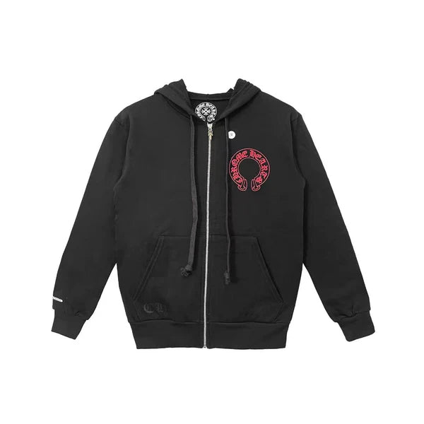 Chrome Hearts Red Horseshoe Logo Zip Up Hoodie