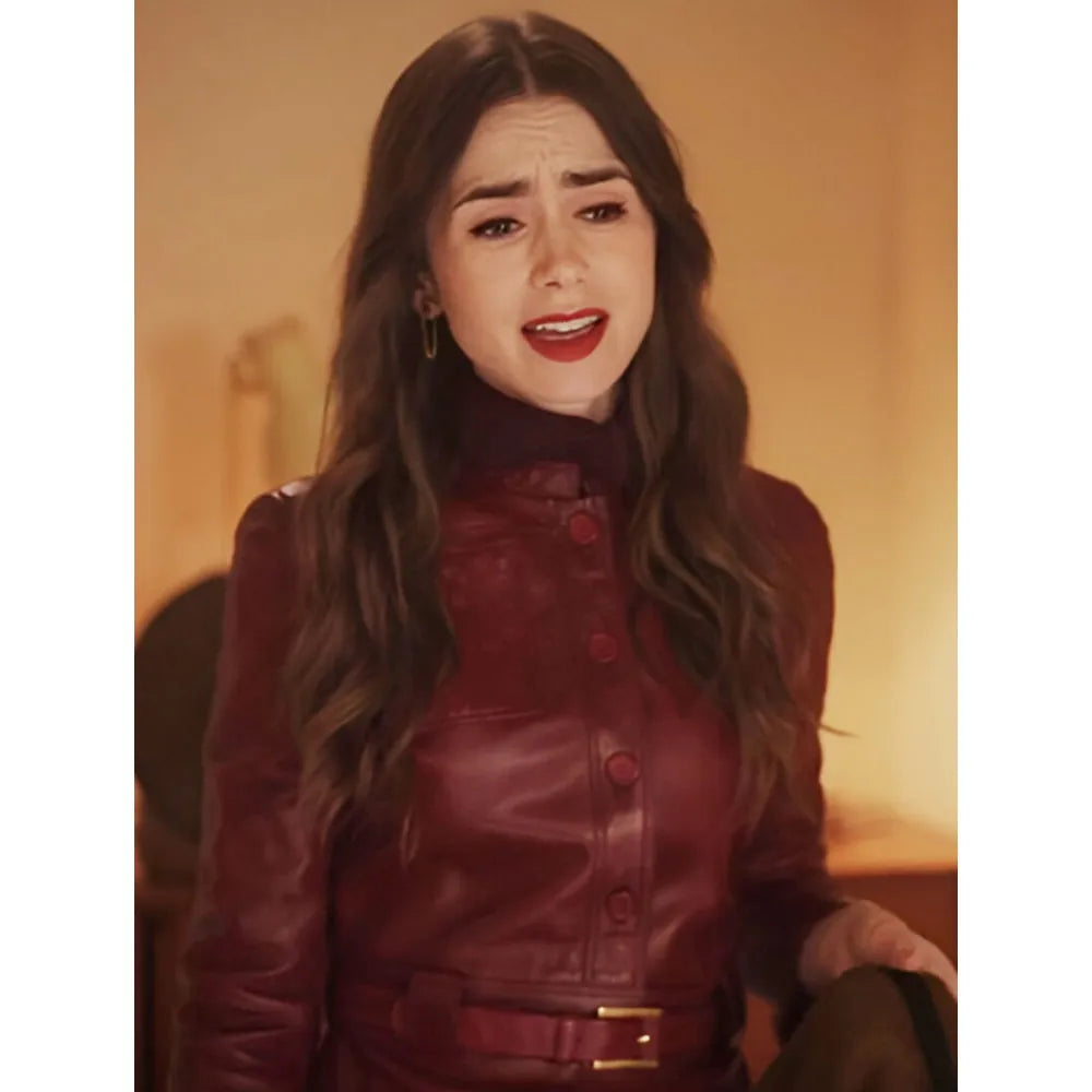 Emily in Paris S04 Lily Collins Burgundy Leather Jacket