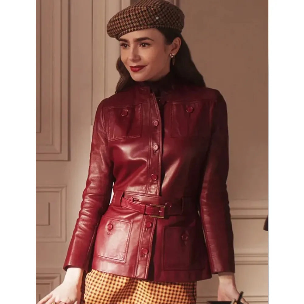 Emily in Paris S04 Lily Collins Burgundy Leather Jacket