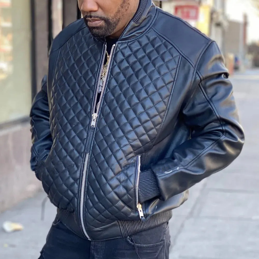Men’s Quilted Bomber Leather Jacket