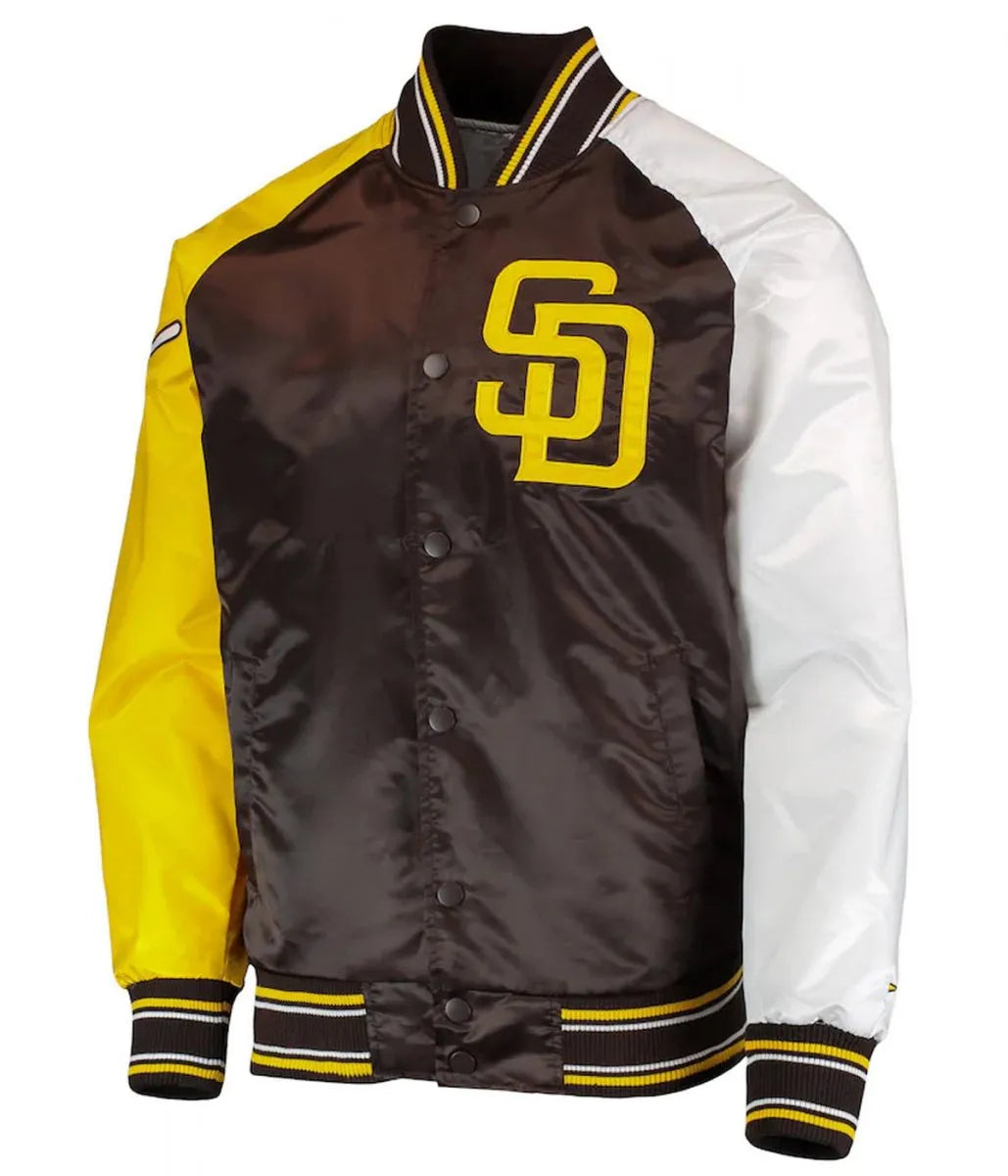 San Diego Padres Raglan Reliever Brown and Gold Satin Varsity Jacket