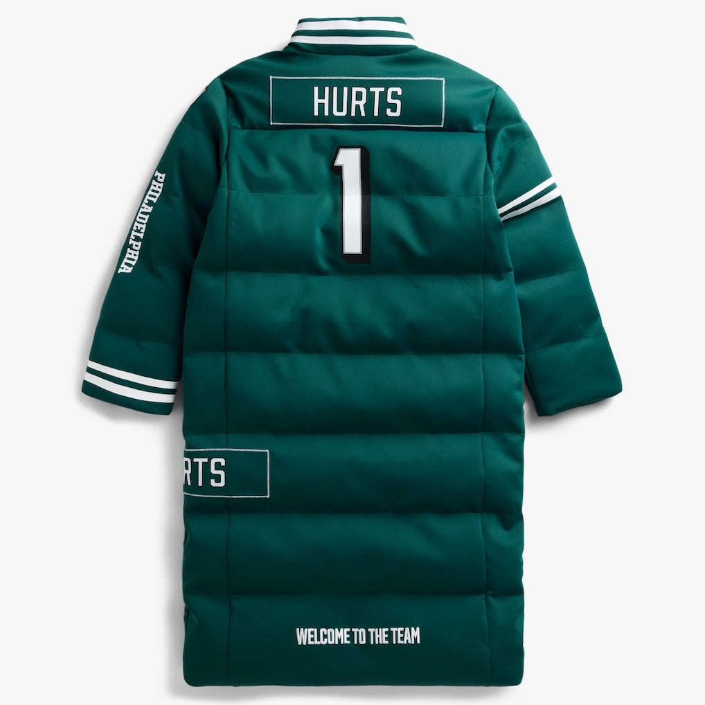 Philadelphia Eagles Jalen Hurts Midnight Green Off Season x NFL Player Puffer Long Coat