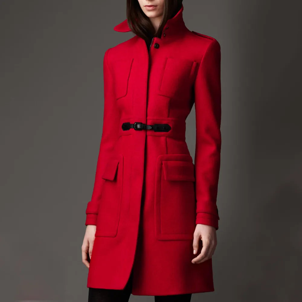 Women’s Military Buckle Detail Red Wool Coat