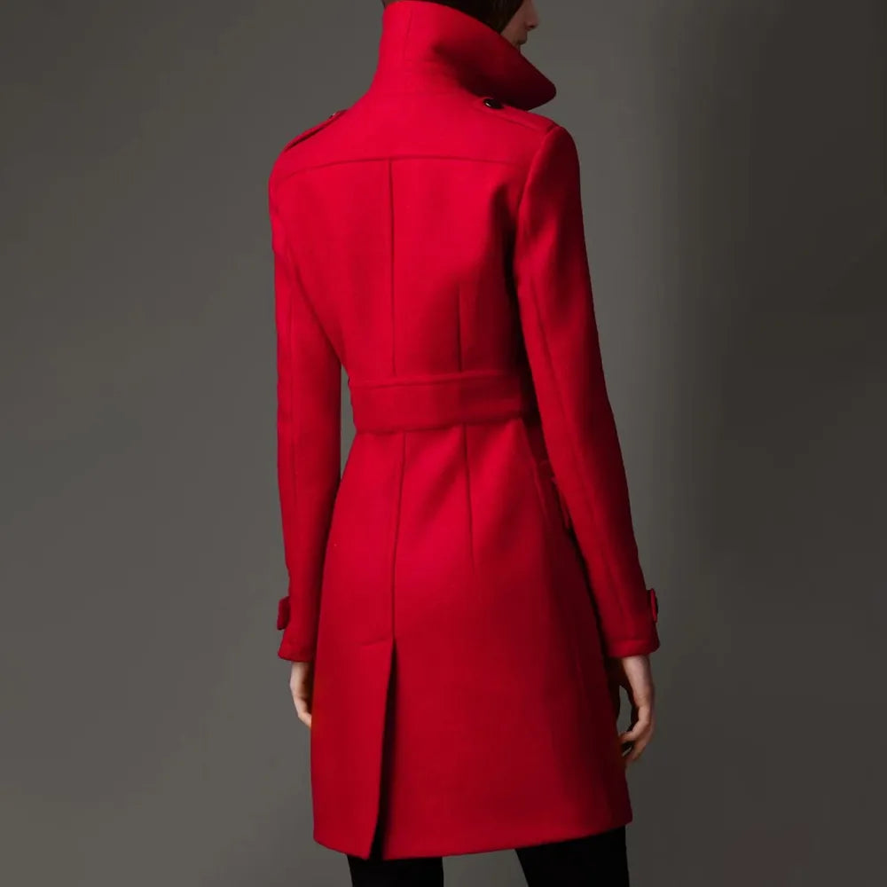 Women’s Military Buckle Detail Red Wool Coat