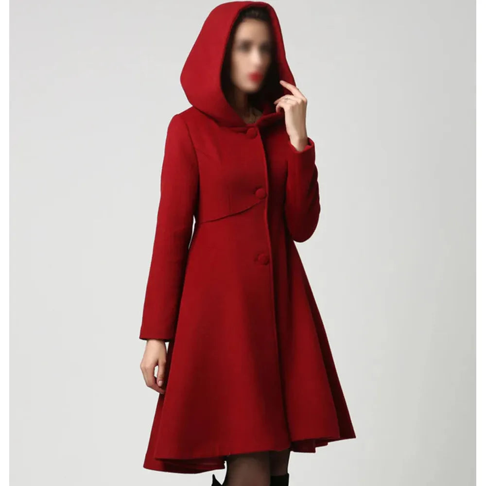 Women’s Red Wool Swing Coat with Hood