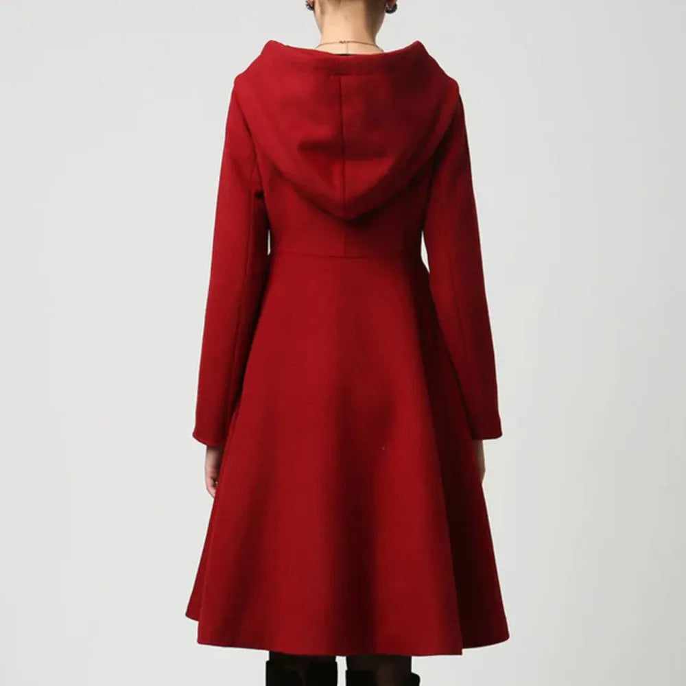 Women’s Red Wool Swing Coat with Hood