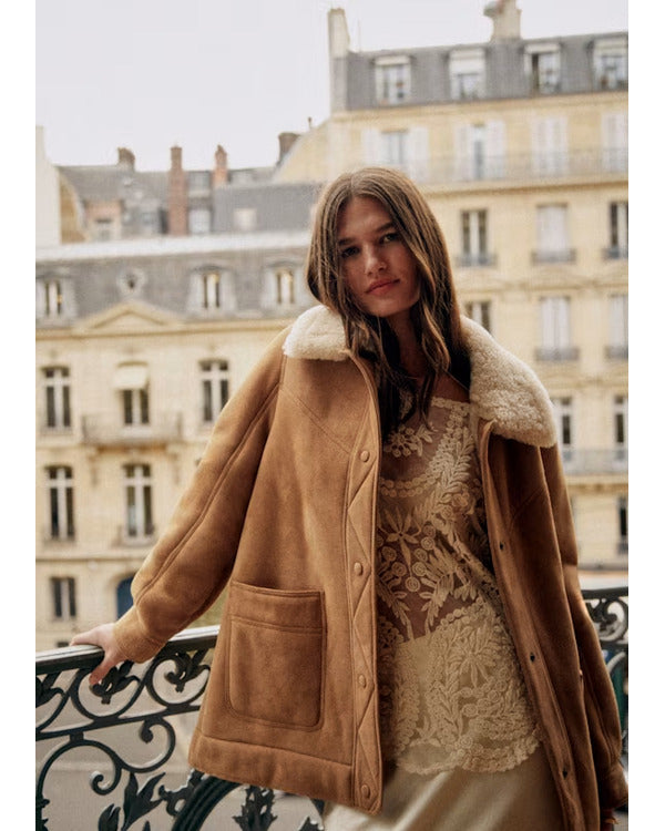 Playing Nice 2025 Niamh Algar Camel Suede Coat