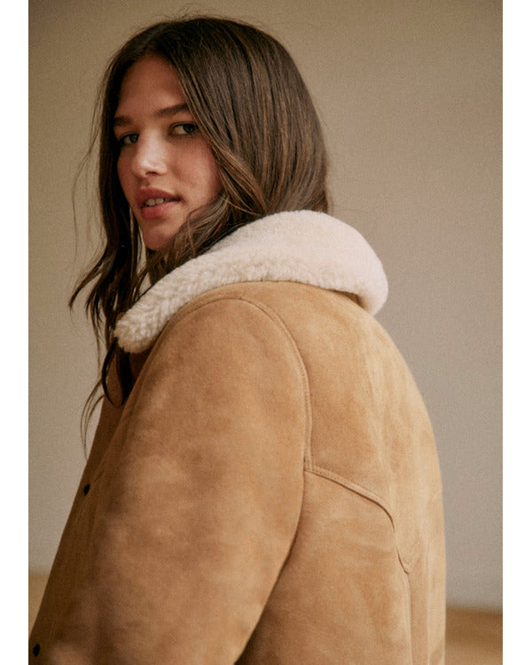 Playing Nice 2025 Niamh Algar Camel Suede Coat