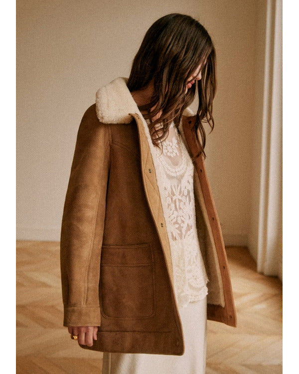 Playing Nice 2025 Niamh Algar Camel Suede Coat